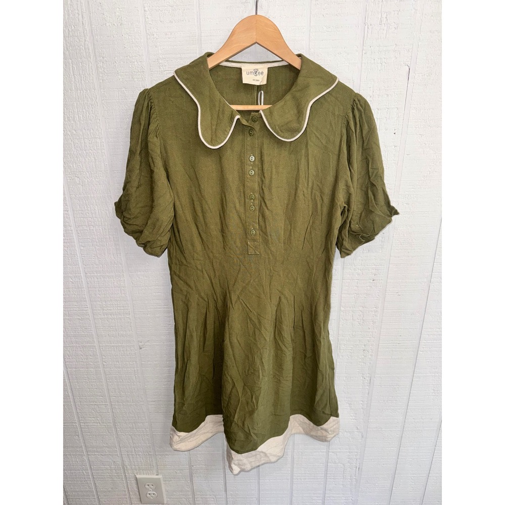 Umgee Mini Dress Womens Olive Green Linen Blend Scallop Collar C4319 NWT Small